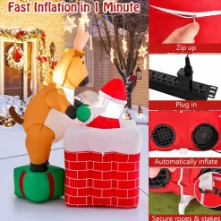 Tangkula 5 FT Inflatable Christmas Liftable Santa Claus Climbing Chimney with Reindeer Standing on a Gift Box