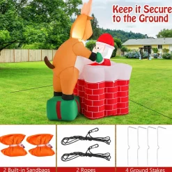 Tangkula 5 FT Inflatable Christmas Liftable Santa Claus Climbing Chimney with Reindeer Standing on a Gift Box