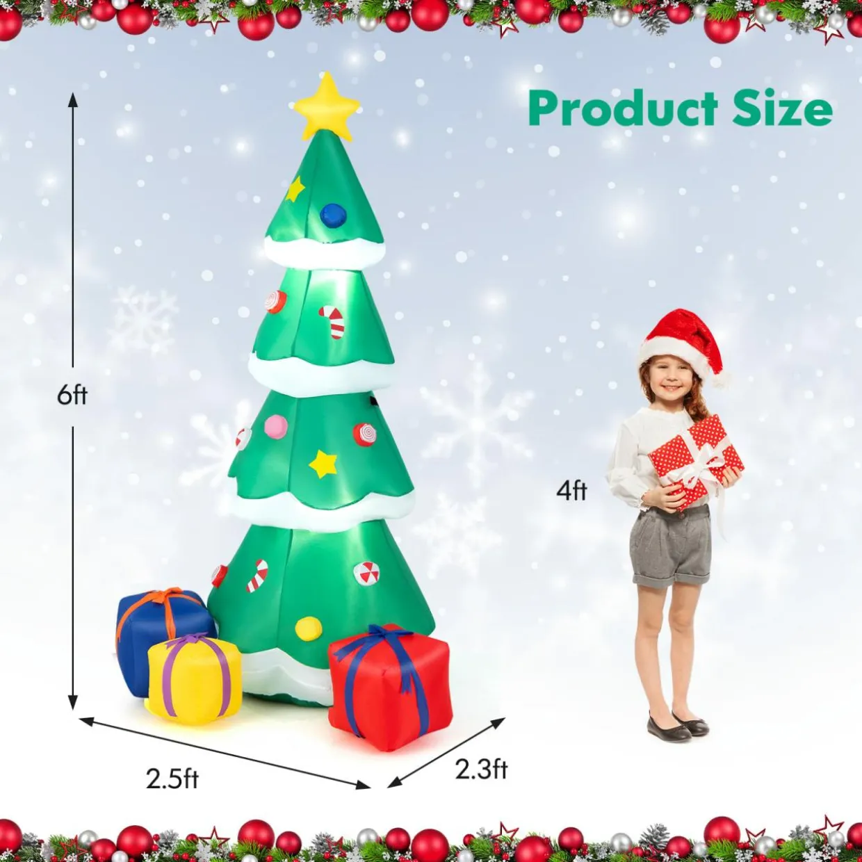 Tangkula 6 FT Inflatable Christmas Tree, Blow up Christmas Tree with 3 Gift Boxes, Self Inflating X-mas Tree with LED Lights
