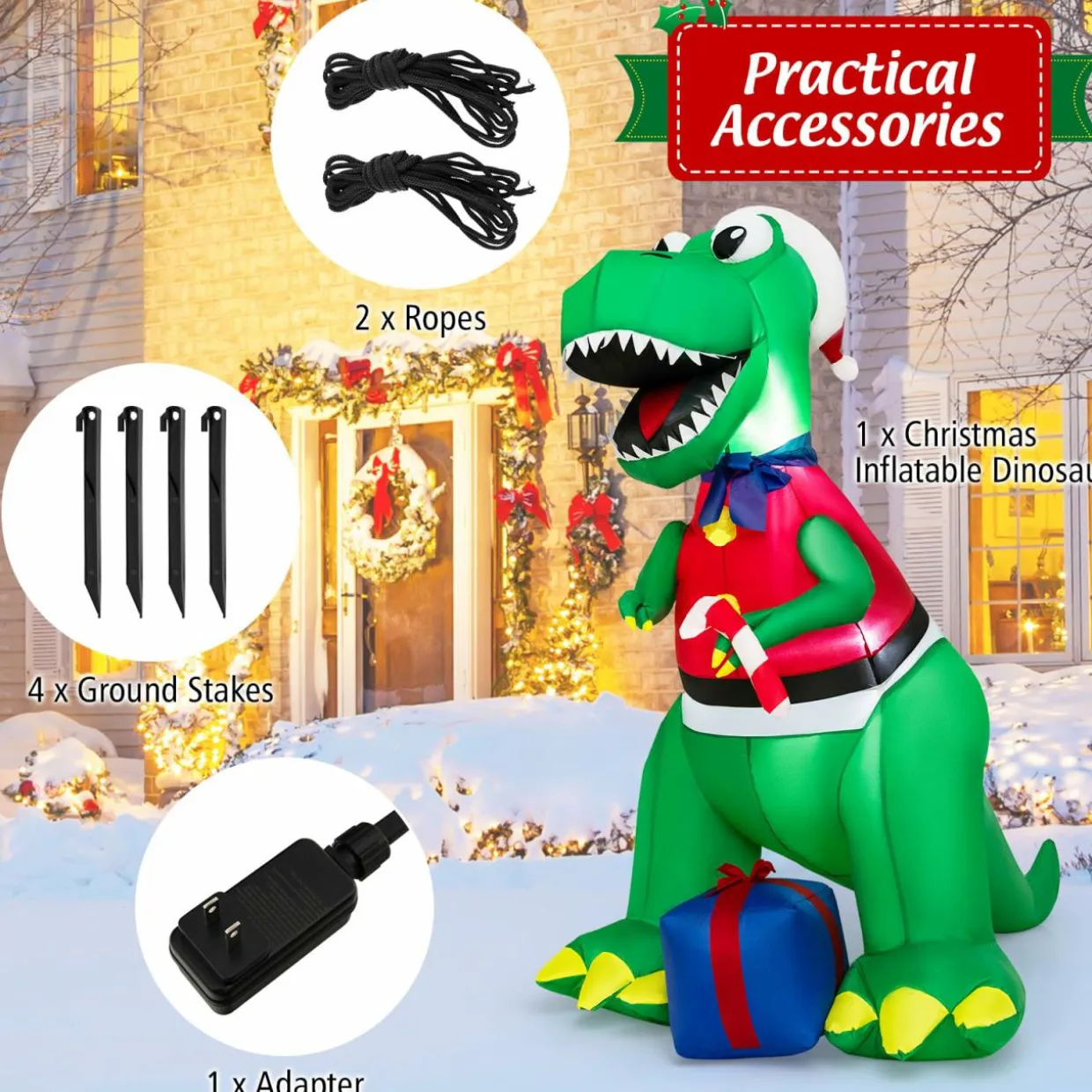Tangkula 6.8 FT Inflatable Christmas Dinosaur