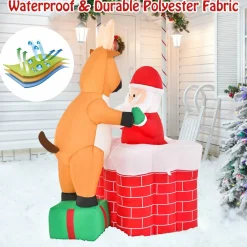 Tangkula 5 FT Inflatable Christmas Liftable Santa Claus Climbing Chimney with Reindeer Standing on a Gift Box