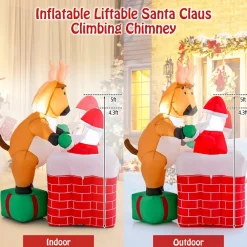 Tangkula 5 FT Inflatable Christmas Liftable Santa Claus Climbing Chimney with Reindeer Standing on a Gift Box
