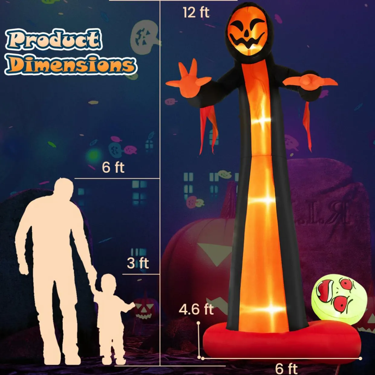 Tangkula 12 FT Inflatable Grim Reaper Ghost, Large Halloween Inflatables with Built-in LED Lights and Scary Skull