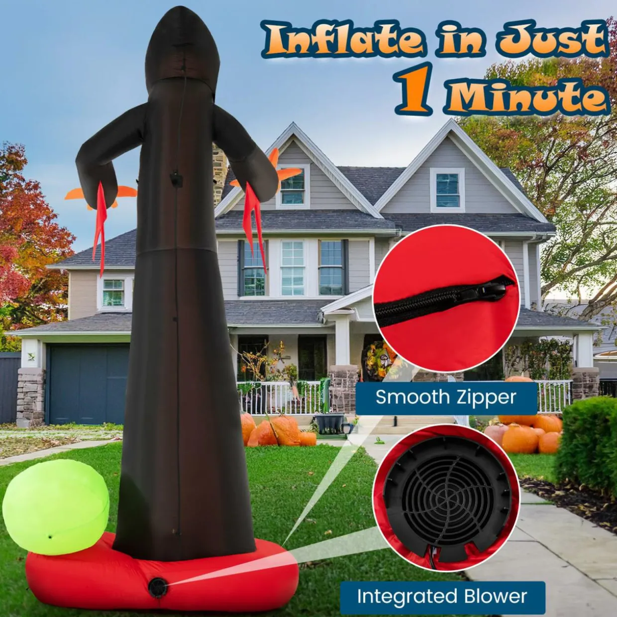Tangkula 12 FT Inflatable Grim Reaper Ghost, Large Halloween Inflatables with Built-in LED Lights and Scary Skull