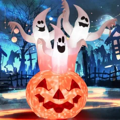 Tangkula 6 FT Inflatable Halloween 3 White Ghosts with Pumpkin, Blow-up Yard Decoration with Built-in LED Lights & Rotating Lamp