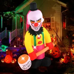 Tangkula 8 FT Inflatable  Halloween Head Turning Clown, LED Lighted Animated Clown with Hammer & Flashing Eyes