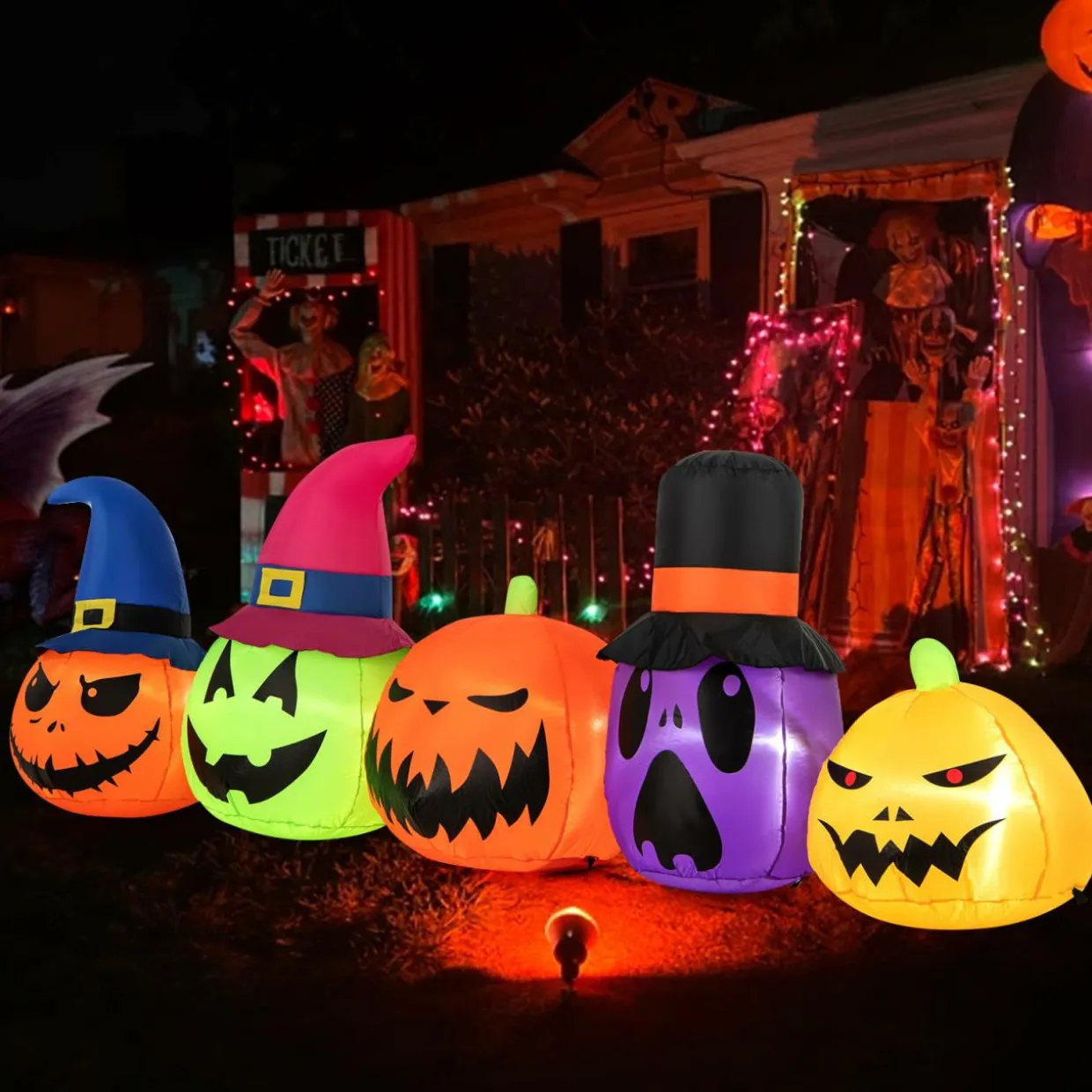 Tangkula 9 FT Inflatable Halloween Pumpkin Patch Family, Blow up Yard Decoration with Built-in LED Lights and Witch Hats