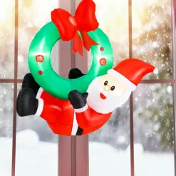 Tangkula 4 FT Inflatable Hanging Santa Claus Wreath, Christmas Pre-Lit Santa & Wreath with Red Bow & 5 LED Lights