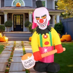 Tangkula 8 FT Inflatable  Halloween Head Turning Clown, LED Lighted Animated Clown with Hammer & Flashing Eyes