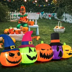 Tangkula 9 FT Inflatable Halloween Pumpkin Patch Family, Blow up Yard Decoration with Built-in LED Lights and Witch Hats