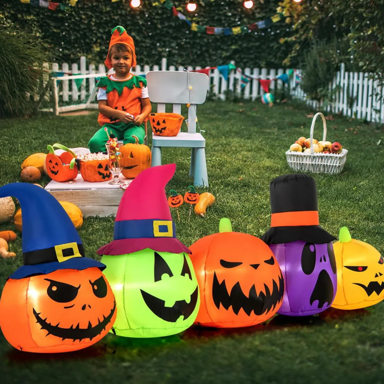 Tangkula 9 FT Inflatable Halloween Pumpkin Patch Family, Blow up Yard Decoration with Built-in LED Lights and Witch Hats