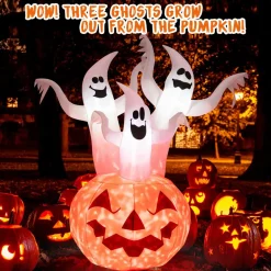 Tangkula 6 FT Inflatable Halloween 3 White Ghosts with Pumpkin, Blow-up Yard Decoration with Built-in LED Lights & Rotating Lamp