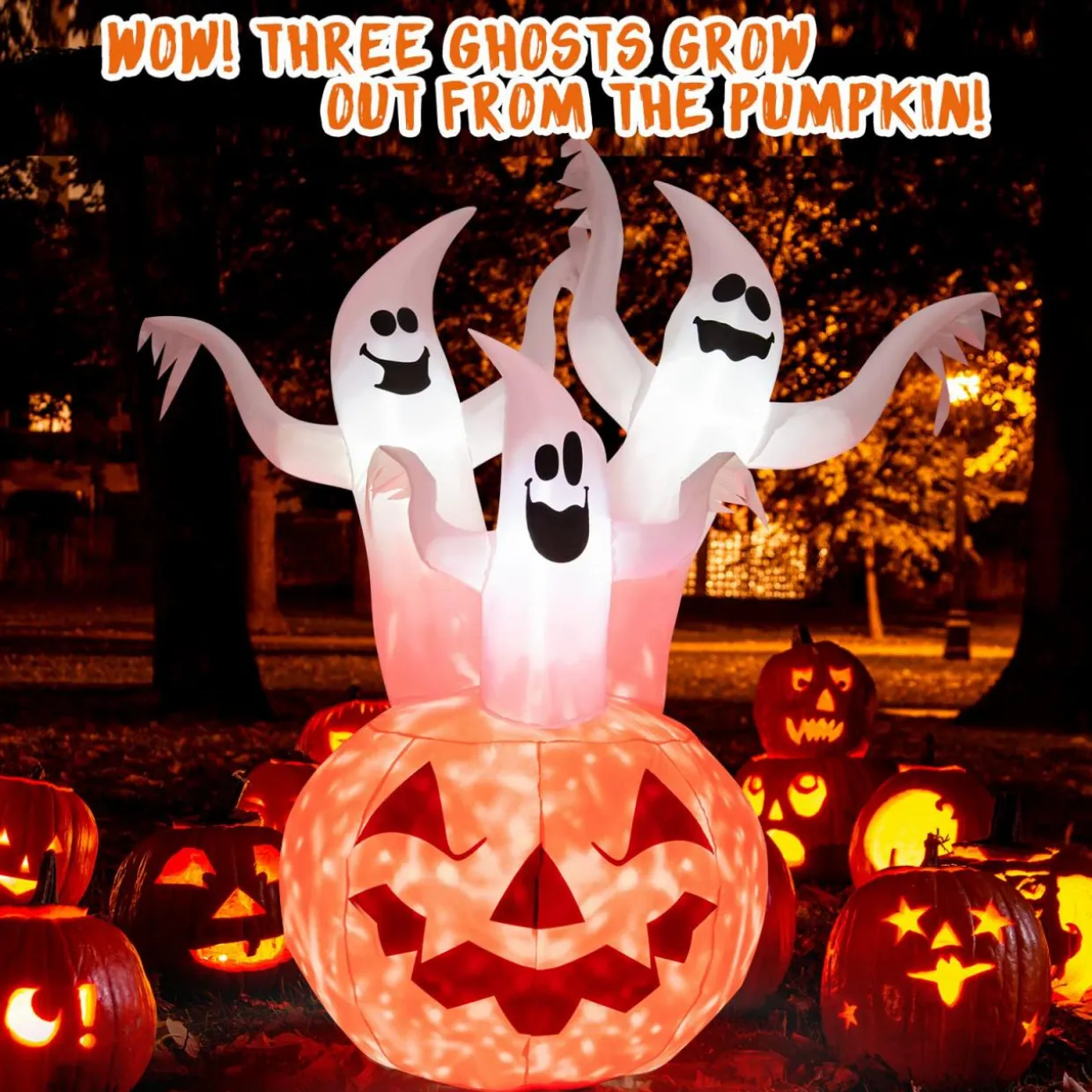 Tangkula 6 FT Inflatable Halloween 3 White Ghosts with Pumpkin, Blow-up Yard Decoration with Built-in LED Lights & Rotating Lamp