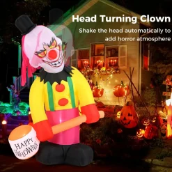 Tangkula 8 FT Inflatable  Halloween Head Turning Clown, LED Lighted Animated Clown with Hammer & Flashing Eyes