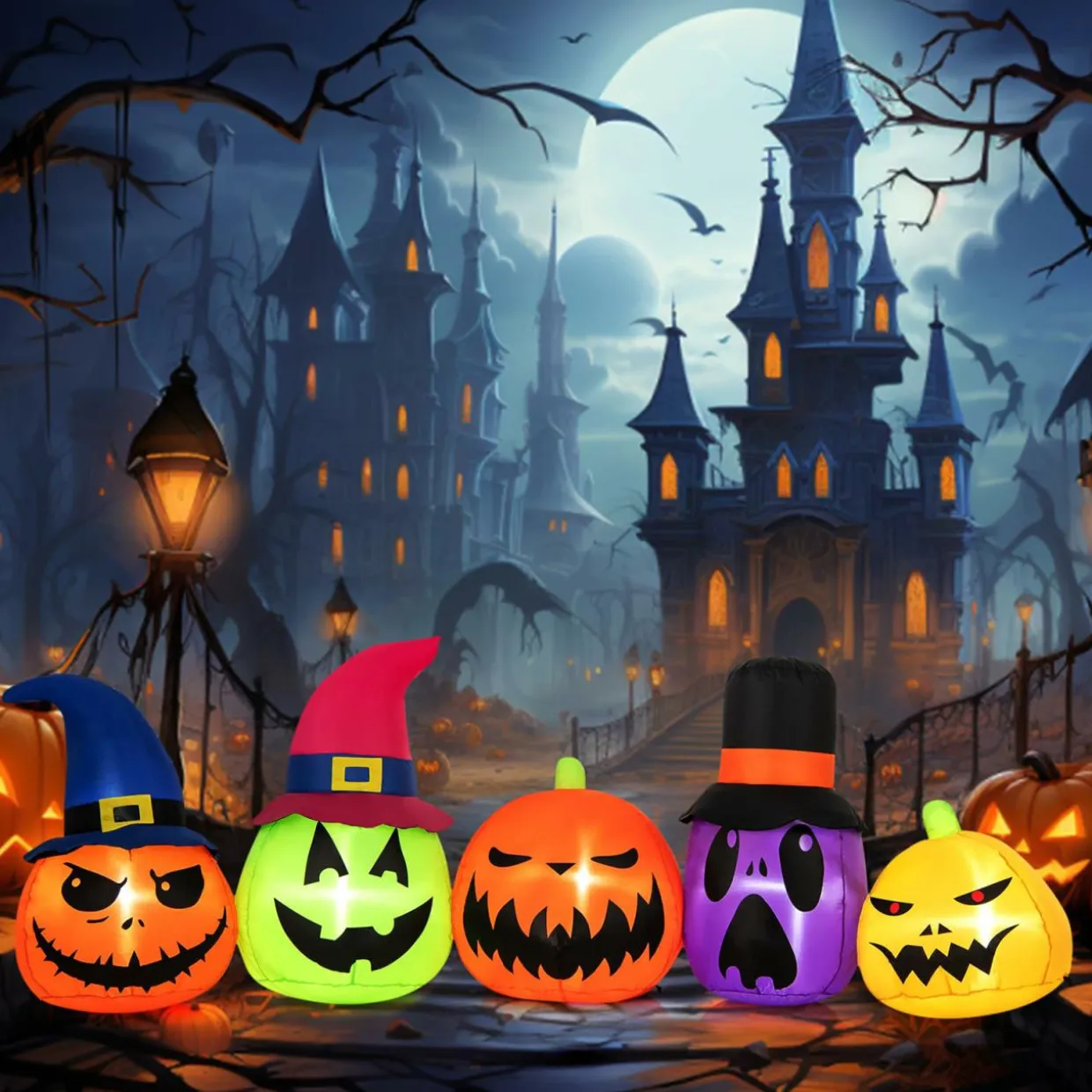 Tangkula 9 FT Inflatable Halloween Pumpkin Patch Family, Blow up Yard Decoration with Built-in LED Lights and Witch Hats