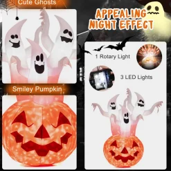 Tangkula 6 FT Inflatable Halloween 3 White Ghosts with Pumpkin, Blow-up Yard Decoration with Built-in LED Lights & Rotating Lamp