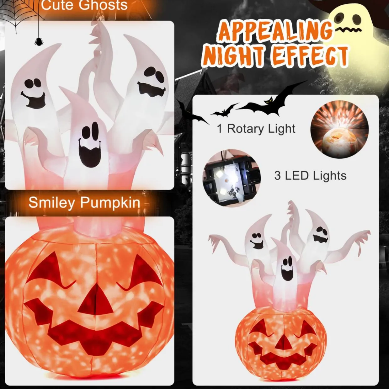 Tangkula 6 FT Inflatable Halloween 3 White Ghosts with Pumpkin, Blow-up Yard Decoration with Built-in LED Lights & Rotating Lamp