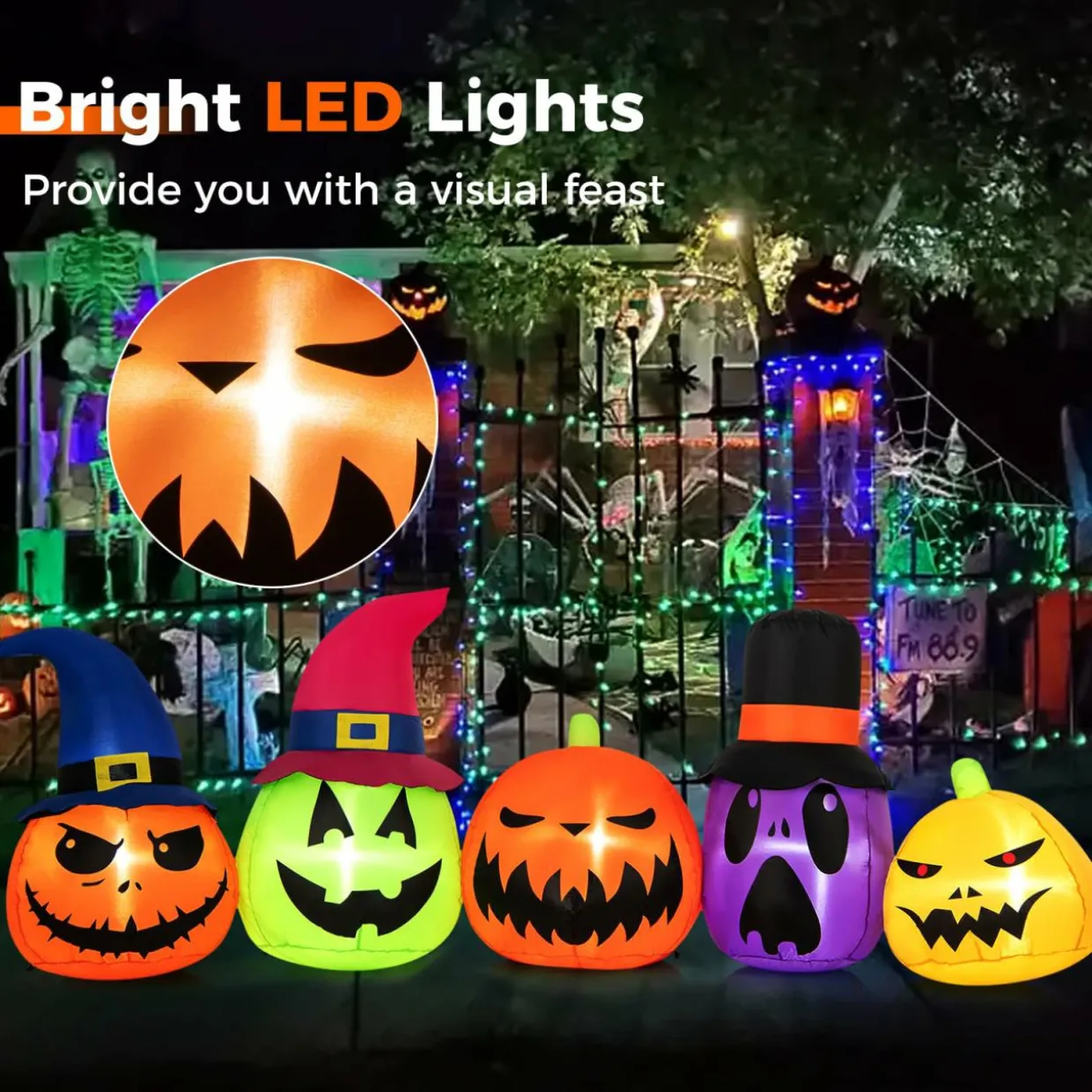 Tangkula 9 FT Inflatable Halloween Pumpkin Patch Family, Blow up Yard Decoration with Built-in LED Lights and Witch Hats