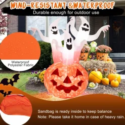 Tangkula 6 FT Inflatable Halloween 3 White Ghosts with Pumpkin, Blow-up Yard Decoration with Built-in LED Lights & Rotating Lamp