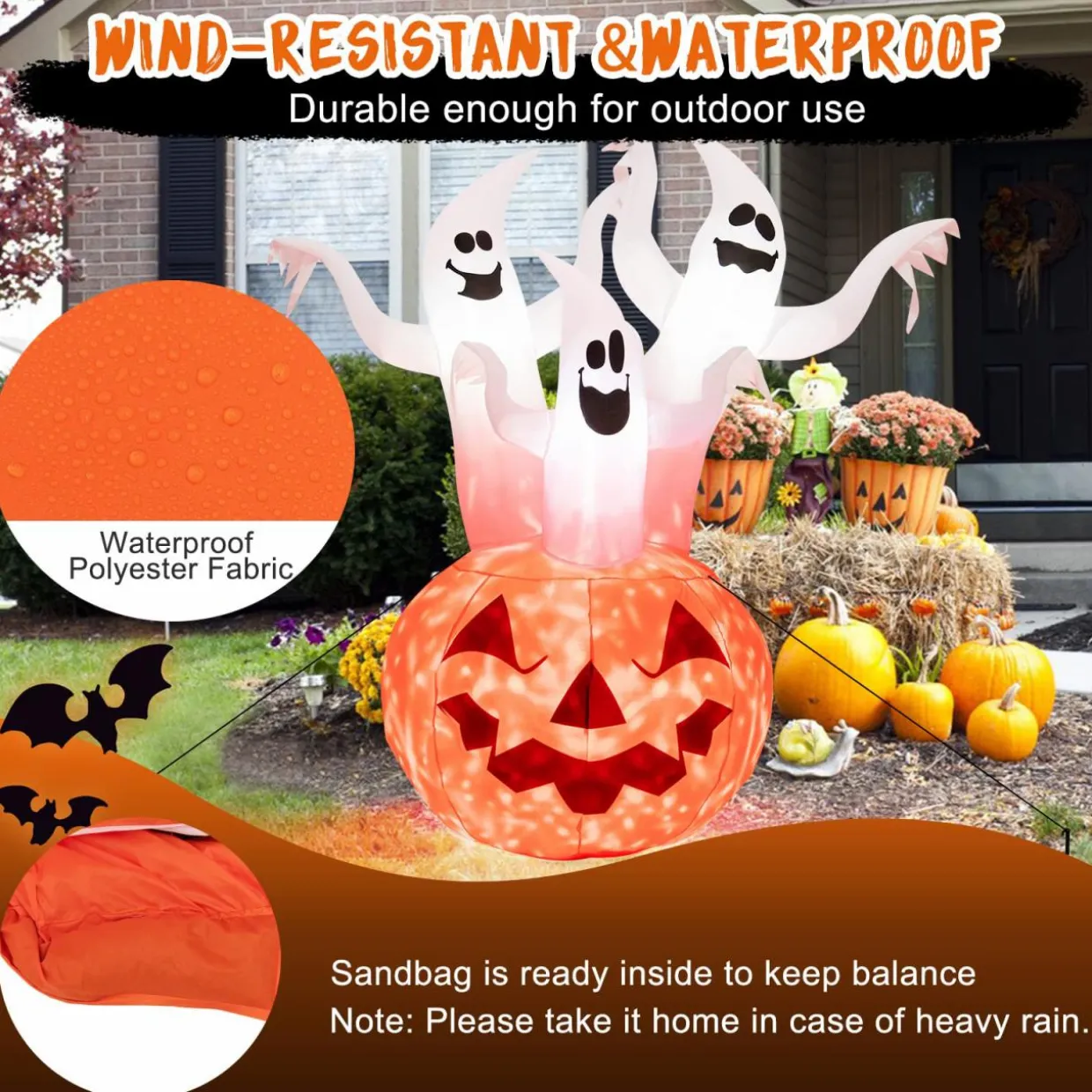Tangkula 6 FT Inflatable Halloween 3 White Ghosts with Pumpkin, Blow-up Yard Decoration with Built-in LED Lights & Rotating Lamp