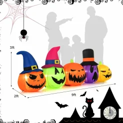 Tangkula 9 FT Inflatable Halloween Pumpkin Patch Family, Blow up Yard Decoration with Built-in LED Lights and Witch Hats
