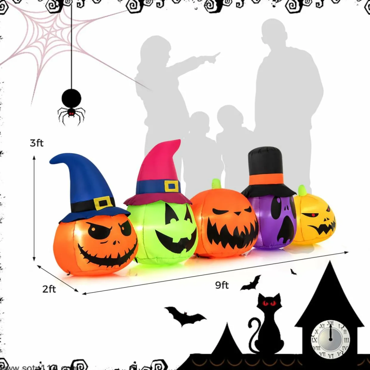 Tangkula 9 FT Inflatable Halloween Pumpkin Patch Family, Blow up Yard Decoration with Built-in LED Lights and Witch Hats