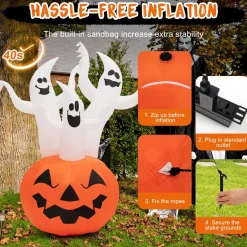 Tangkula 6 FT Inflatable Halloween 3 White Ghosts with Pumpkin, Blow-up Yard Decoration with Built-in LED Lights & Rotating Lamp