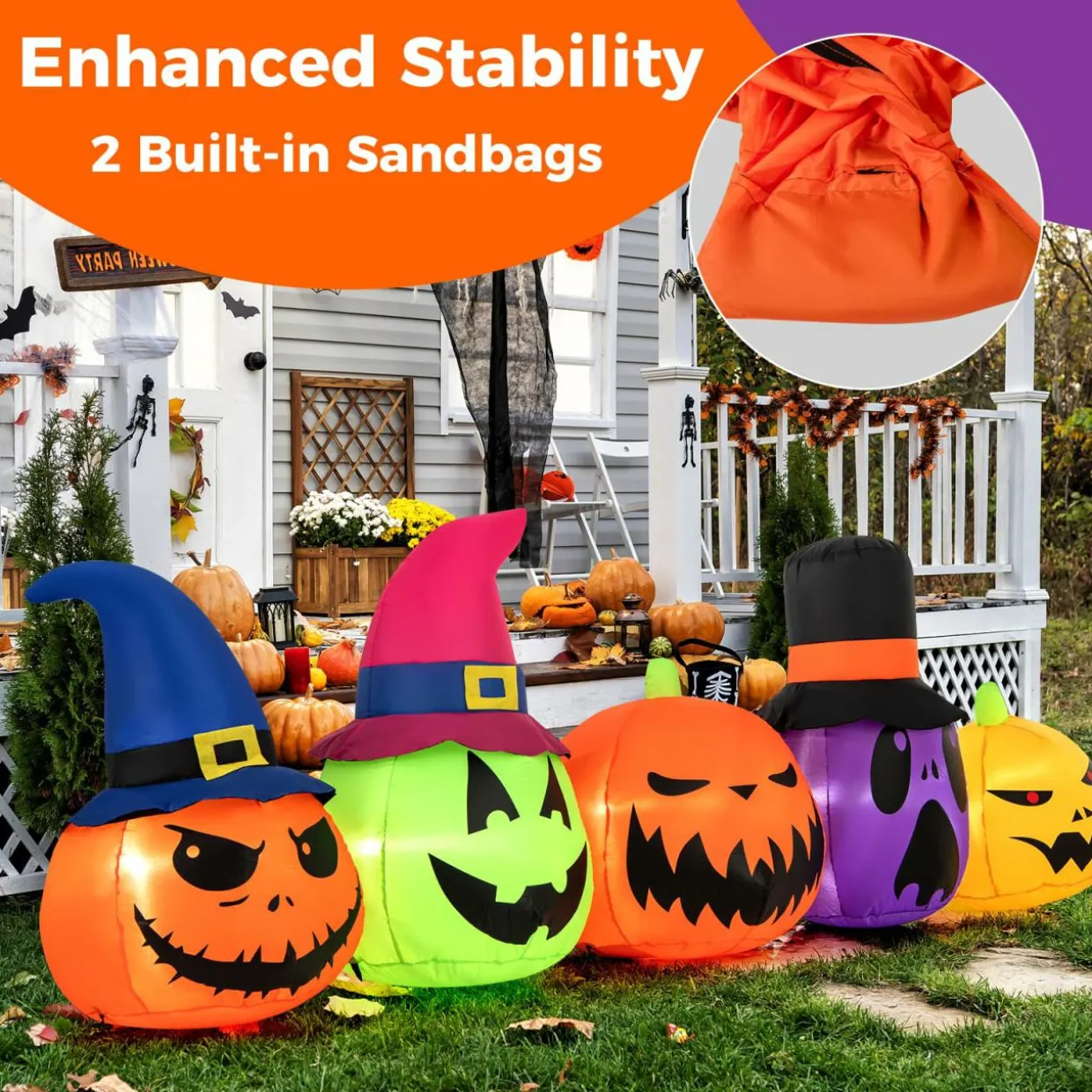 Tangkula 9 FT Inflatable Halloween Pumpkin Patch Family, Blow up Yard Decoration with Built-in LED Lights and Witch Hats