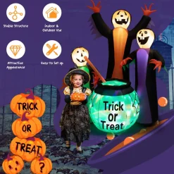 Tangkula 8 FT Inflatable Halloween Witches Holding Cauldron, Quick Blow up Halloween Sorceresses