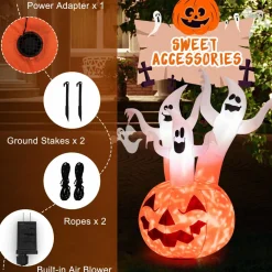 Tangkula 6 FT Inflatable Halloween 3 White Ghosts with Pumpkin, Blow-up Yard Decoration with Built-in LED Lights & Rotating Lamp