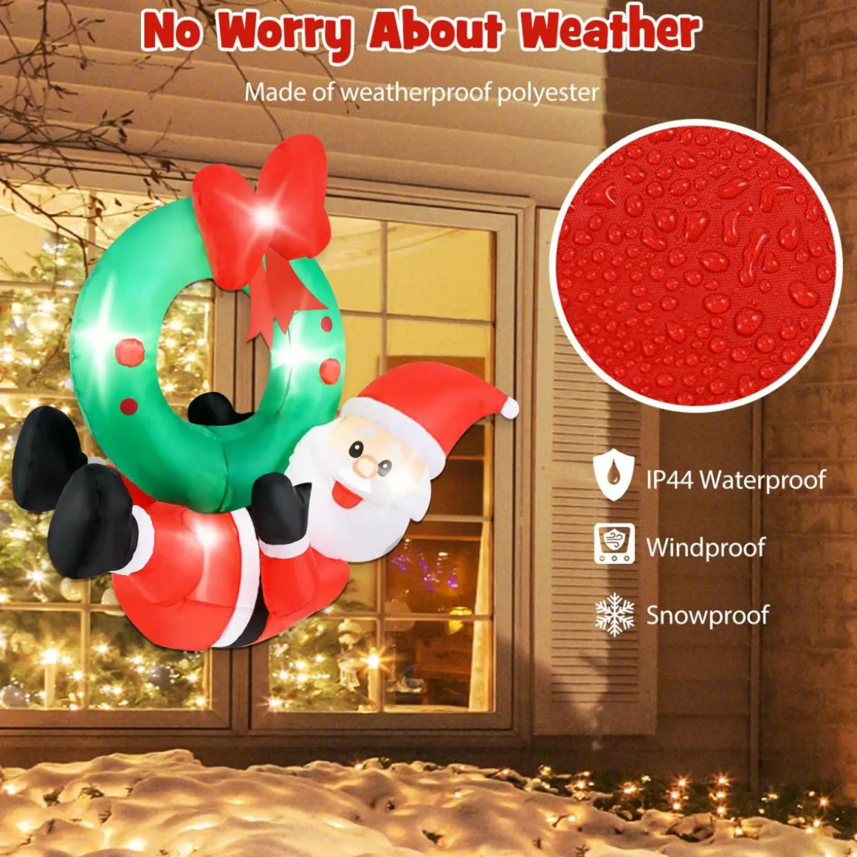 Tangkula 4 FT Inflatable Hanging Santa Claus Wreath, Christmas Pre-Lit Santa & Wreath with Red Bow & 5 LED Lights