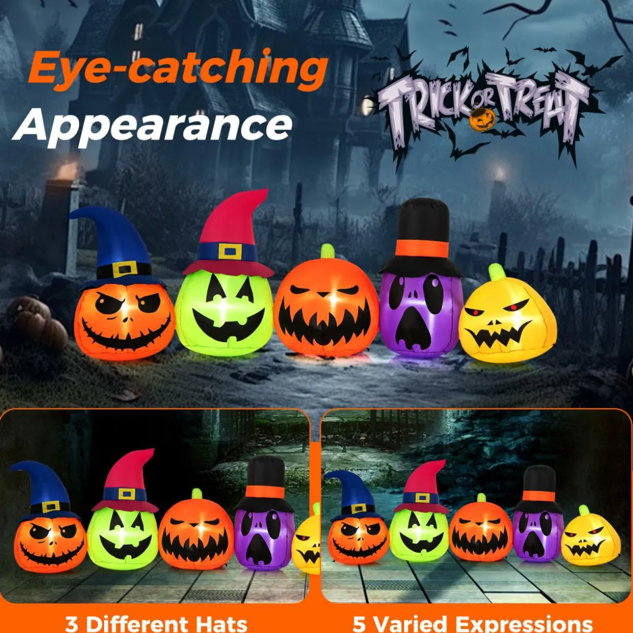 Tangkula 9 FT Inflatable Halloween Pumpkin Patch Family, Blow up Yard Decoration with Built-in LED Lights and Witch Hats