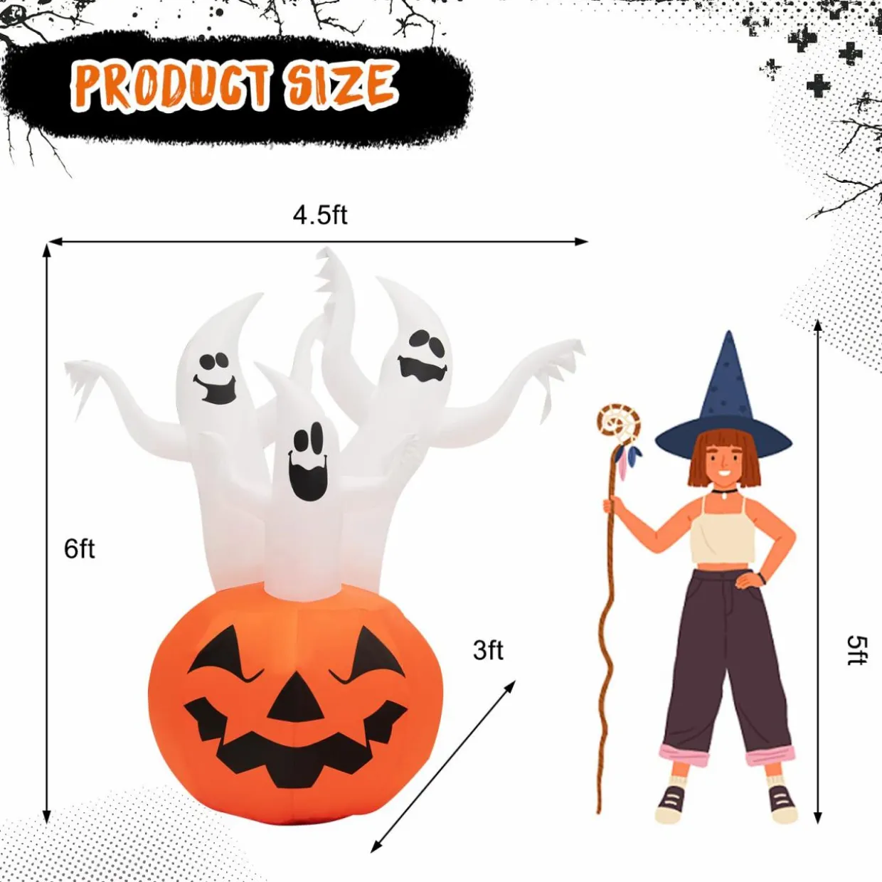 Tangkula 6 FT Inflatable Halloween 3 White Ghosts with Pumpkin, Blow-up Yard Decoration with Built-in LED Lights & Rotating Lamp