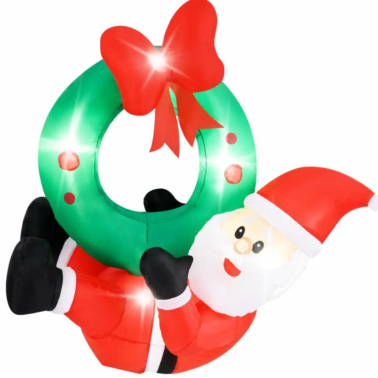 Tangkula 4 FT Inflatable Hanging Santa Claus Wreath, Christmas Pre-Lit Santa & Wreath with Red Bow & 5 LED Lights