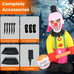 Tangkula 8 FT Inflatable  Halloween Head Turning Clown, LED Lighted Animated Clown with Hammer & Flashing Eyes