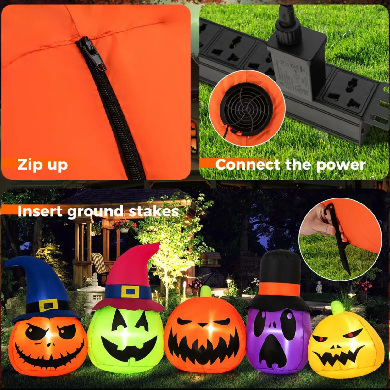 Tangkula 9 FT Inflatable Halloween Pumpkin Patch Family, Blow up Yard Decoration with Built-in LED Lights and Witch Hats