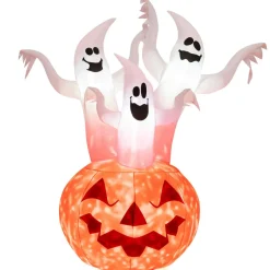 Tangkula 6 FT Inflatable Halloween 3 White Ghosts with Pumpkin, Blow-up Yard Decoration with Built-in LED Lights & Rotating Lamp