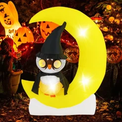 Tangkula 5.1 FT Inflatable Owl on Moon, LED Lighted Halloween Decoration with Large Moon & Wizard Owl