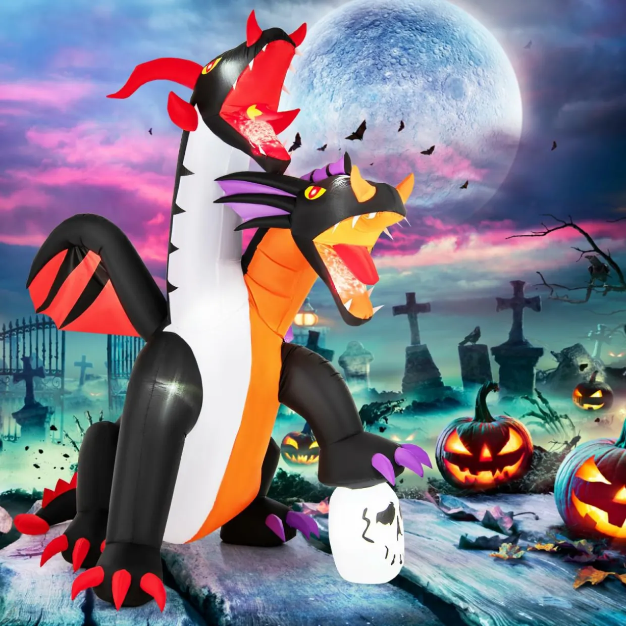 Tangkula 8 FT Inflatable Twin-Headed Dragon Decoration, Giant Halloween Inflatables with 5 LED Lights