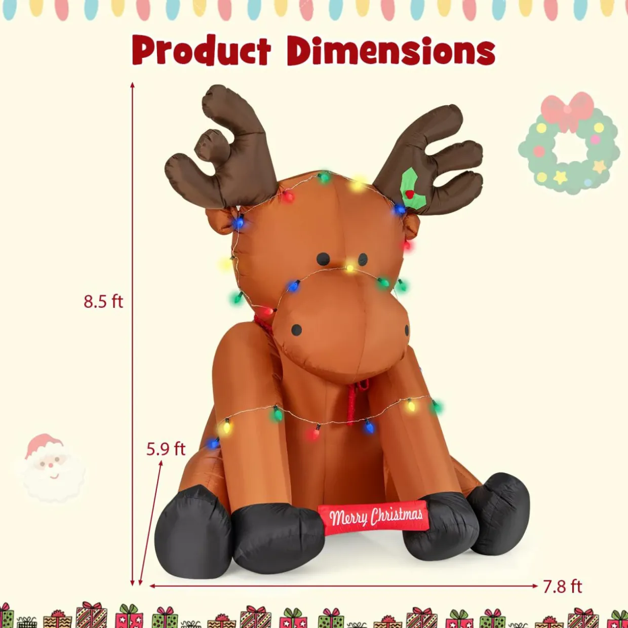 Tangkula 8.5 FT Large Christmas Inflatable Reindeer, Xmas Blow Up Holiday Yard Decoration with 24 LED String Lights
