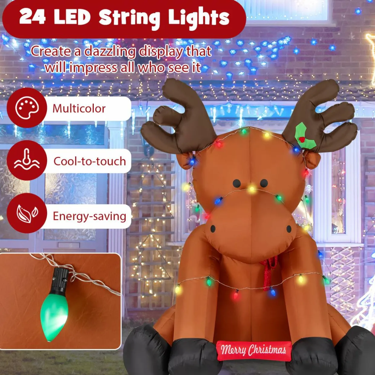 Tangkula 8.5 FT Large Christmas Inflatable Reindeer, Xmas Blow Up Holiday Yard Decoration with 24 LED String Lights
