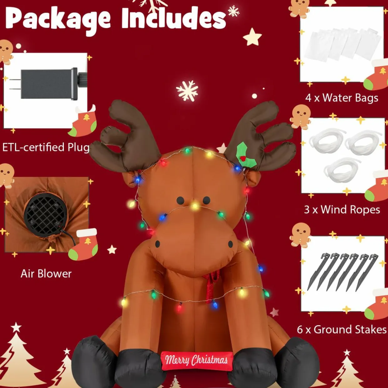 Tangkula 8.5 FT Large Christmas Inflatable Reindeer, Xmas Blow Up Holiday Yard Decoration with 24 LED String Lights