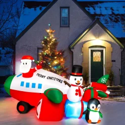 Tangkula 9.5 FT Lighted Christmas Inflatable Santa Claus on Helicopter