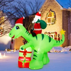 Tangkula 8 FT Lighted Christmas Inflatable Santa Claus Dinosaur Decoration with Gift Boxes