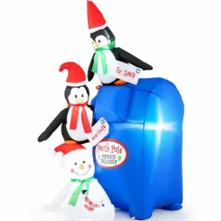Tangkula 6 FT Lighted Christmas Inflatable Decoration, Inflatable North Pole Mailbox with Penguins and Snowman