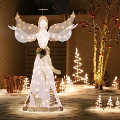 Tangkula 5 FT Lighted Christmas Angel, Outdoor Pre-lit 3D Glittered Angel with 100 Warm White Lights