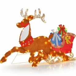 Tangkula 5.6 FT Lighted Christmas Reindeer with Sleigh Decoration