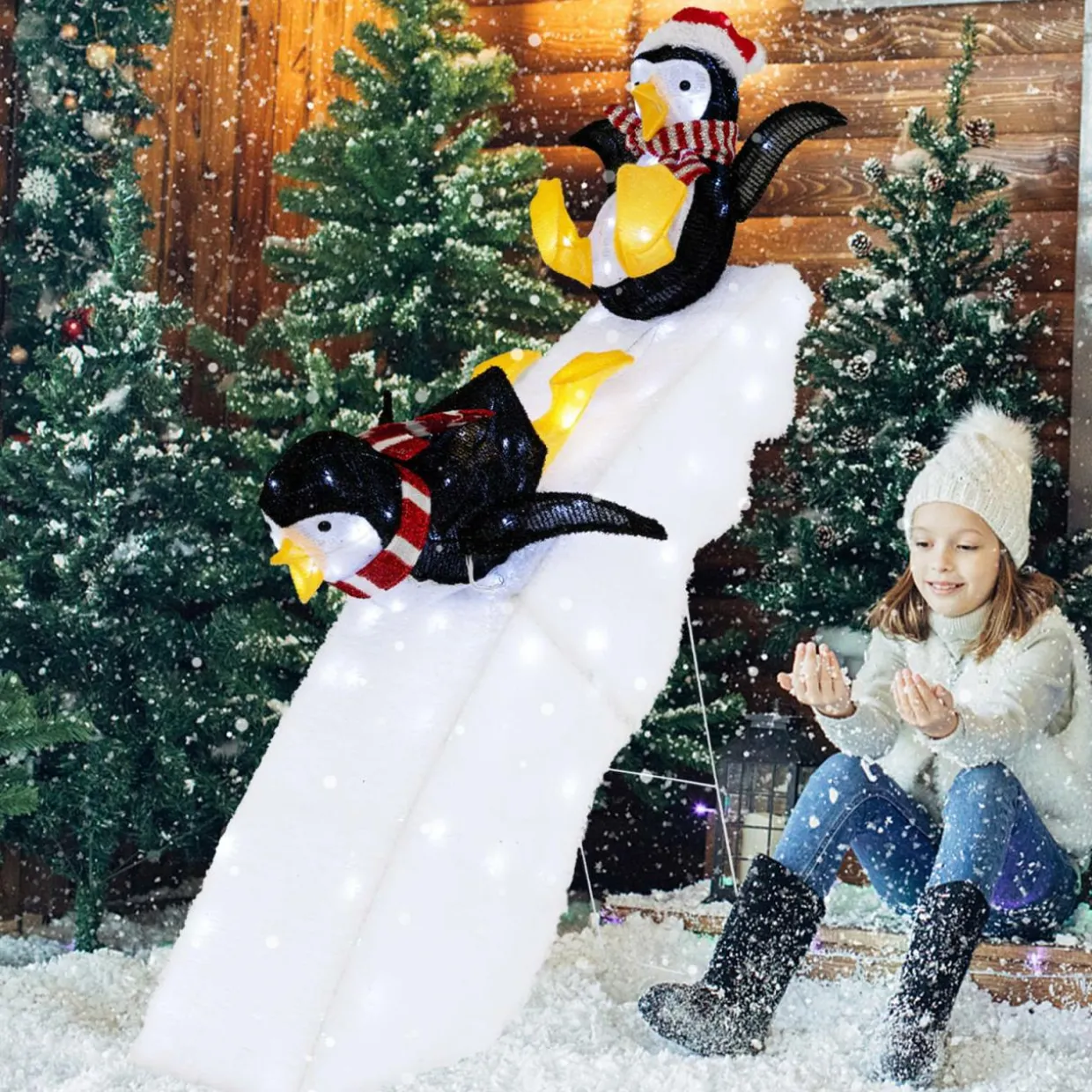 Tangkula 4 FT Lighted Christmas Penguin Slide Scene Decoration