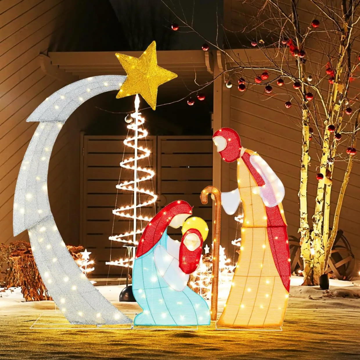Tangkula 5 FT Lighted Christmas Nativity Scene Set, Outdoor Holy Family Decoration with 140 Warm White LED Lights