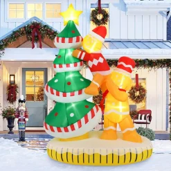 Tangkula 7 FT Lighted Christmas Inflatable Gingerbread Men Climbing Christmas Tree with LED Lights & Built-in Fan